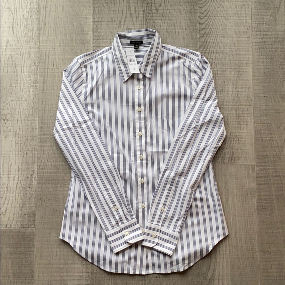 Ann Taylor Navy Blue + White Striped Button Up Top